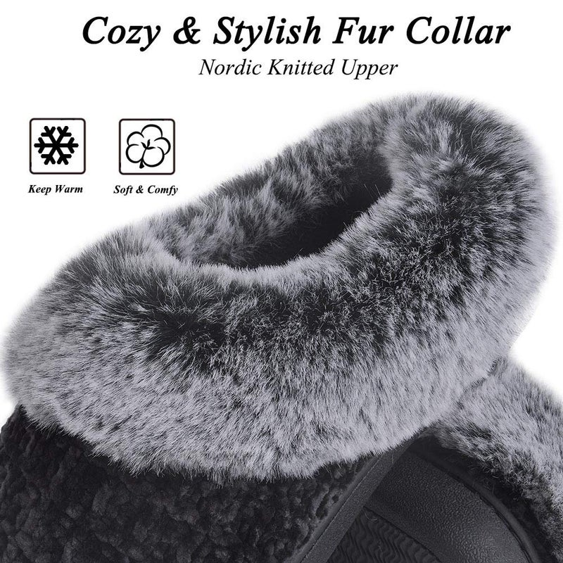 DL Women's House Slippers with Fuzzy Plush Faux Fur Collar, Memory Foam Slip on House Shoes with Indoor Outdoor Anti-Skid Rubber Sole, Black, 7-8 - Image 3